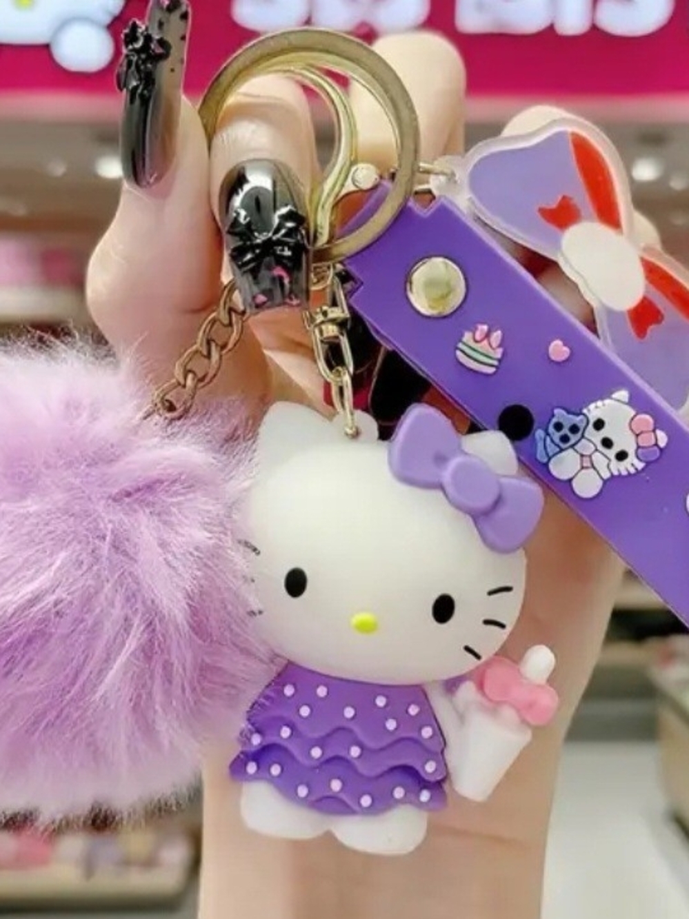 Purple Hello Kitty Pom Keychain Charm with Bow, 3 Piece